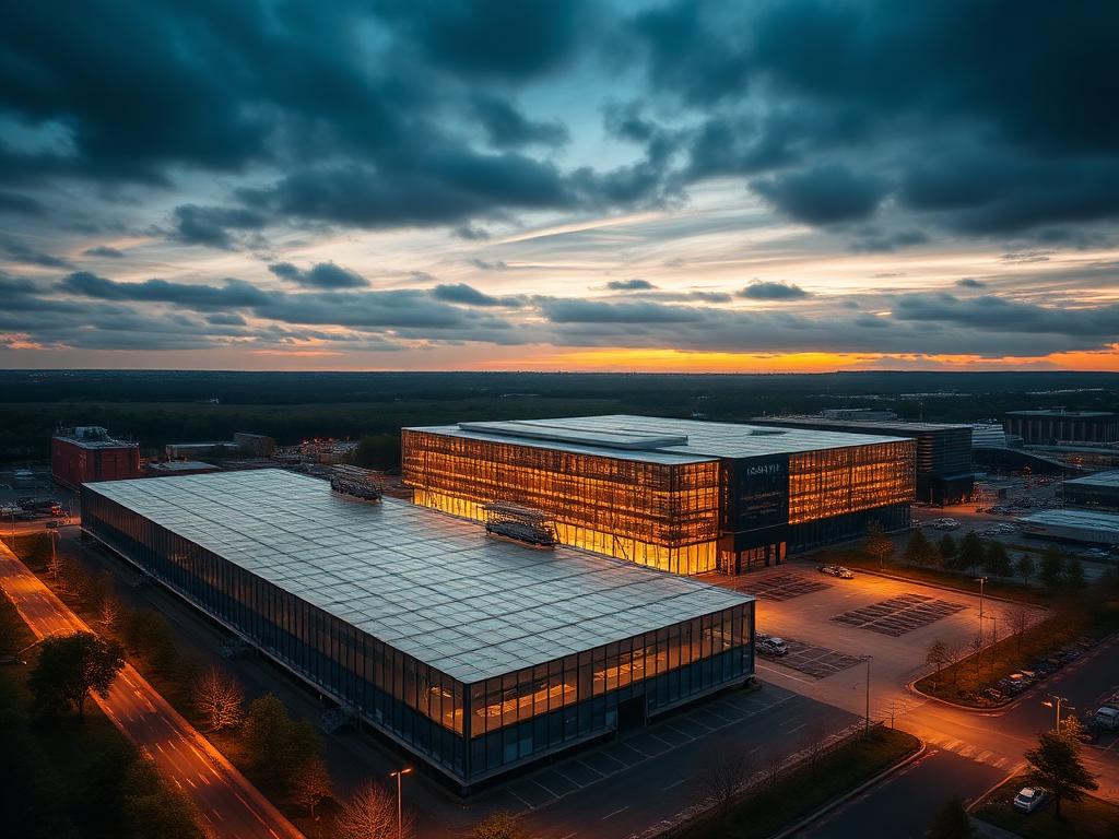 Glass-fronted logistics warehouse park lit at dusk