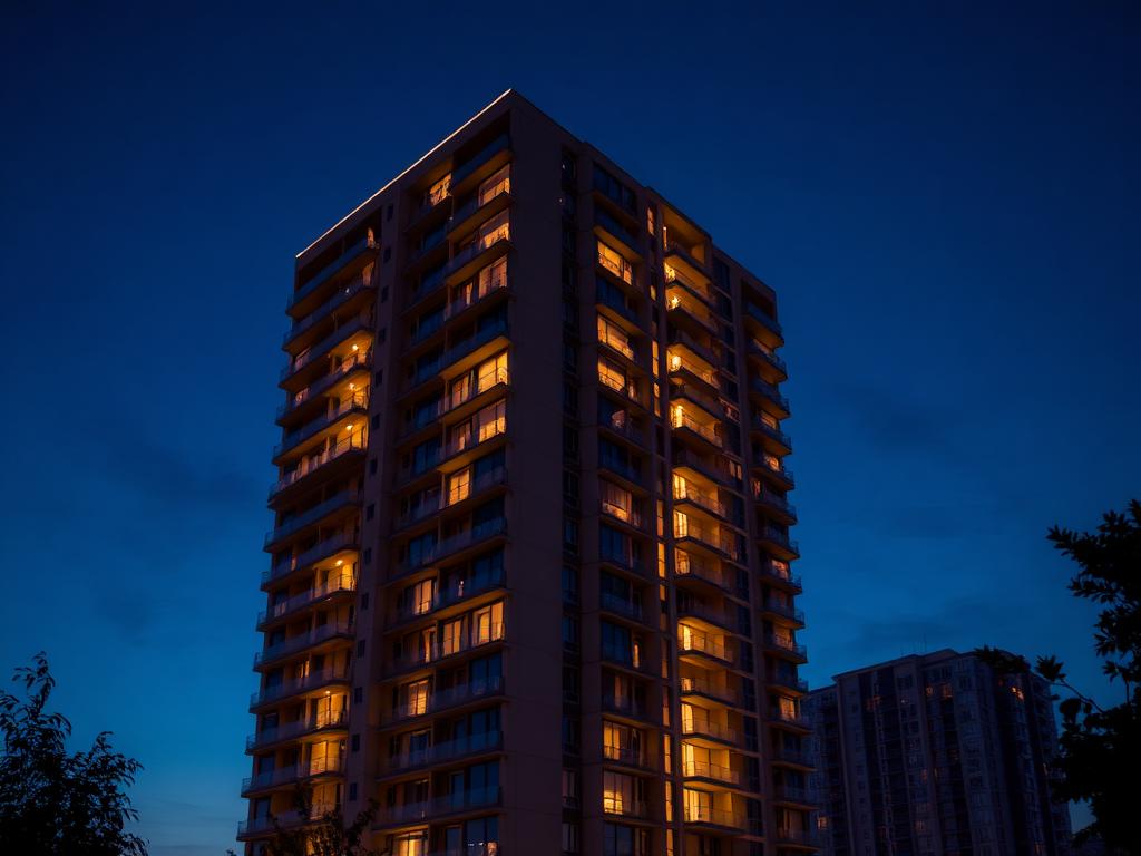 Illuminated residential apartment tower at dusk