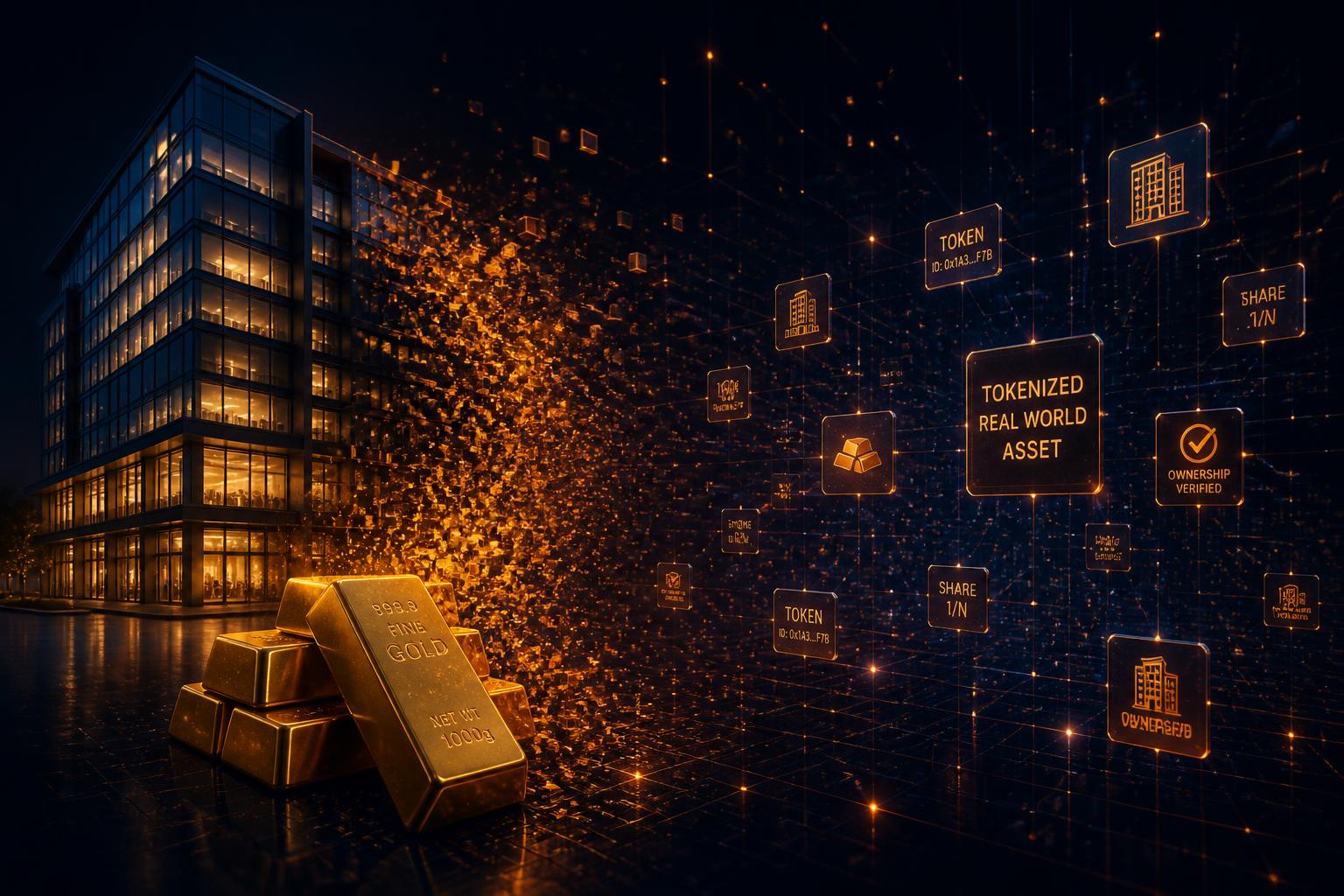 A commercial building and gold bars dissolving into a grid of digital ownership tokens